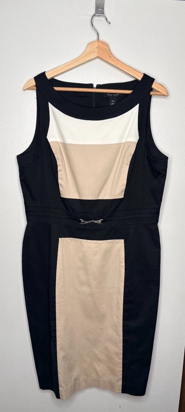 White House Black Market Women's Black Tan Color Block Sheath Dress Size 12